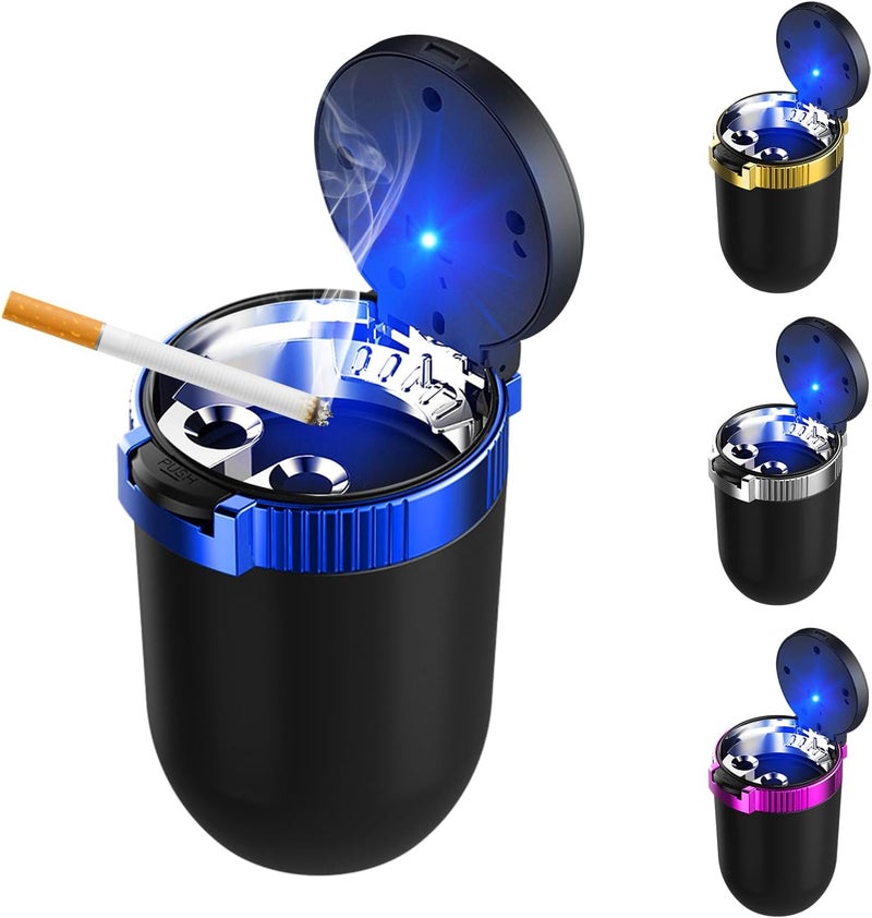 FSTURIOS Car Ashtray with Lid, Detachable Smokeless Auto Cup Holder Ashtray with LED Blue Light, Stainless Steel Ash Tray Portable Mini Vehicle Trash Can for Car Home Outdoor (Blue) - Image 1